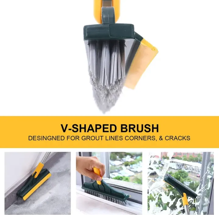 2in1 Viper Brush Bathroom Corner Broom V-Shaped Floor Scrub Brush with Long Handle, Bathroom Shower Cleaning Brush Magic Broom Brush 120°Rotating Removable Brush Head for Bathroom, Tiles, Removable Wiper for rooms and windows